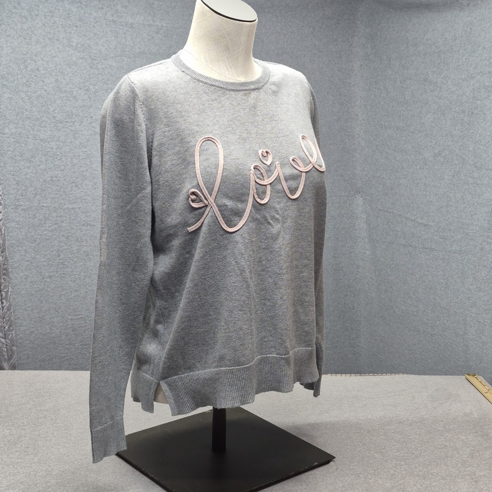 Celebrate Together Sweatshirt Womens M Gray Pink Love Chenille‎ Pullover Split